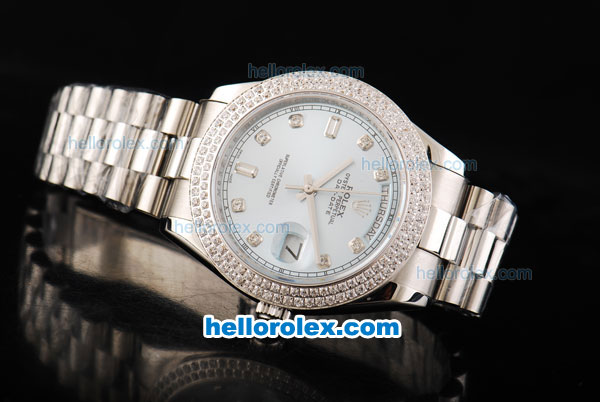 Rolex Day Date II Automatic Movement Full Steel with Double Row Diamond Bezel with Diamond Markers and Light Blue Dial - Click Image to Close